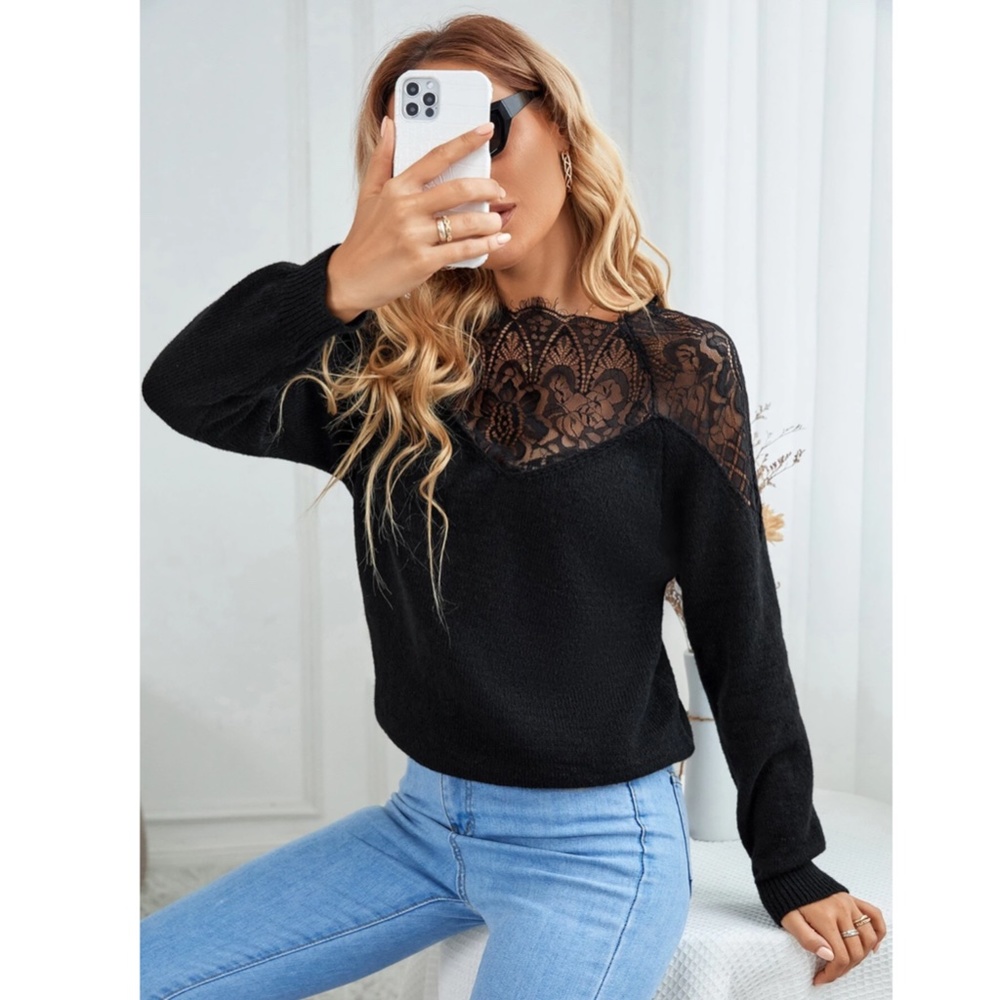 Lace Detail Black Knit Sweater - Picture 4 of 8